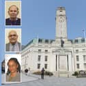 Luton Town Hall; (inset, from top to bottom) Cllrs Paul Castleman, Mahmood Hussain and Jacqui Burnett