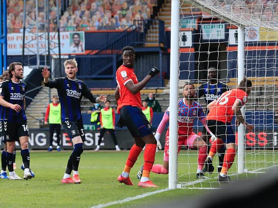 Glen Rea stoops to put Luton 1-0 in front this afternoon