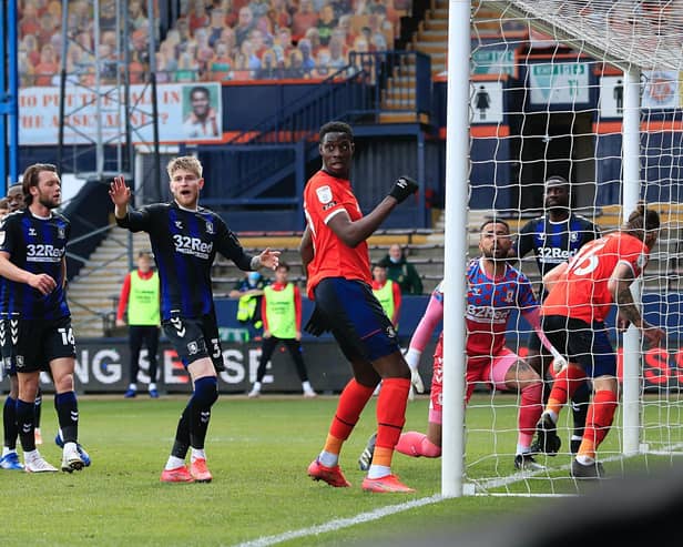 Glen Rea stoops to put Luton 1-0 in front this afternoon