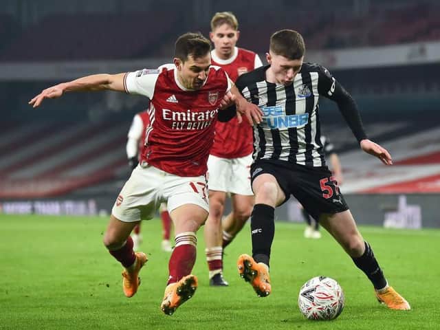 Newcastle United midfielder Elliot Anderson in action against Arsenal during the Magpies FA Cup defeat