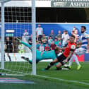 James Collins scores for the Hatters in their 3-2 defeat at QPR last season