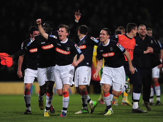JJ O'Donnell celebrates Luton's FA Cup win at Norwich in 2013