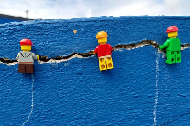 LEGO characters on the front wall at Southfield Primary School
