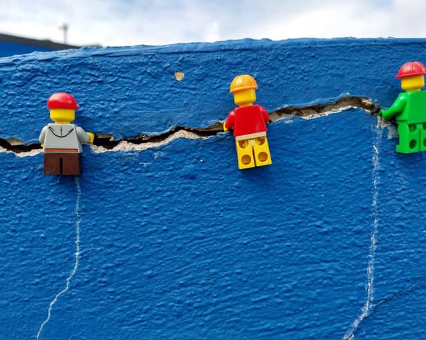 LEGO characters on the front wall at Southfield Primary School