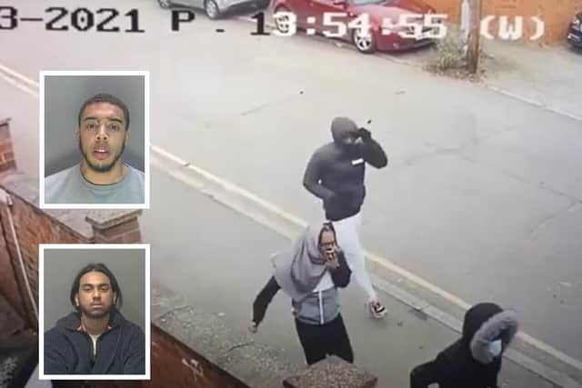 CCTV footage before the attack; Inset, Clayton Newton (top) and Jordan Jones (below)