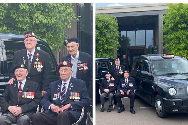 Left image: Doug Baldwin - back left-  with fellow World War Two veterans. 
Right image: Doug Baldwin - back - with fellow World War Two veterans.