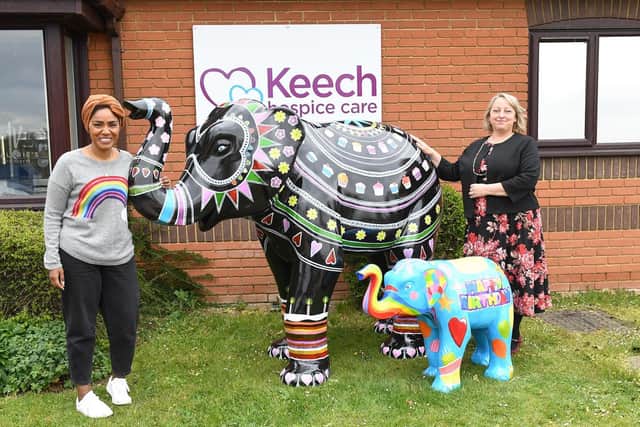 Nadiya with her elephant - Mandala Party, Sherbet and Liz Searle, Keech CEO (C) Keech Hospice Care