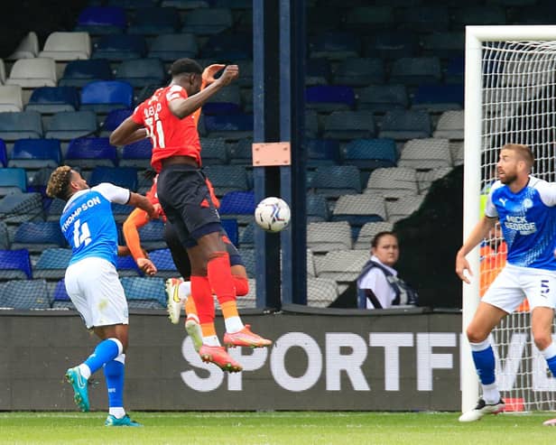 Elijah Adebayo rises highest to make it 1-0 to Luton on Saturday