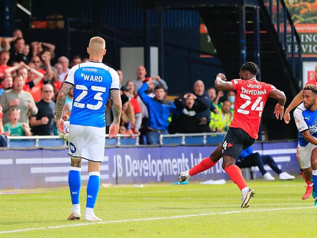 Fred Onyedinma fires home on his debut for the Hatters