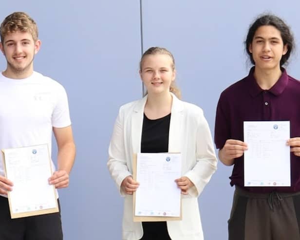 Putteridge pupils Oliver, Wiktoria and Harris celebrate their GCSE results