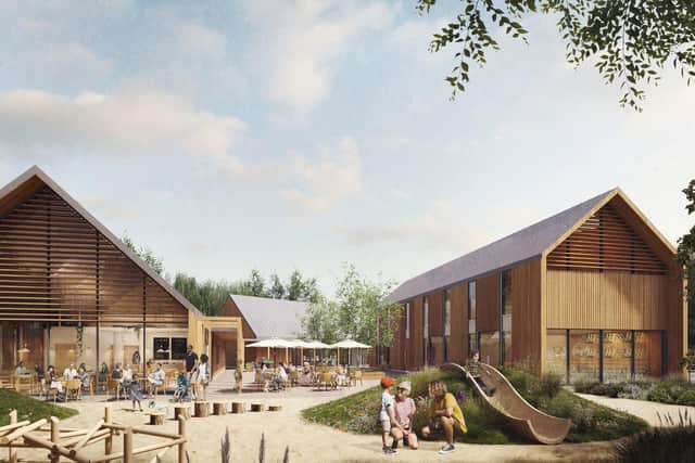 The Farmstead will be the central hub at Linmere with a café, park, community hall and retail units. Rendered illustration of the scheme. Credit / Copyright: HRMC