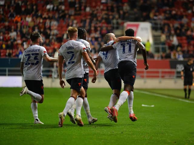Danny Hylton celebrates his goal against Bristol City on Wednesday night - pic: Gareth Owen