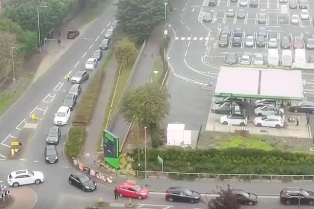 Queuing traffic outside Asda's Wigmore Lane petrol station at 7.30am on Saturday, September 25