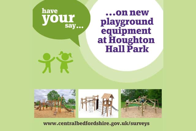 The graphic showing three possible designs for the new children's play area at Houghton Hall Park. The council is asking local residents for their views in a survey which closes on December 31.