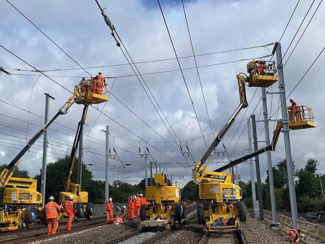 Engineers installing new overhead lines on the Midland Main Line. Picture: Network Rail