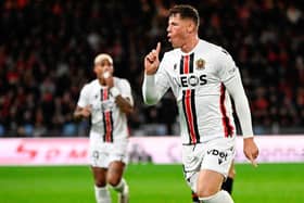 Ross Barkley celebrates after scoring Nice's first goal during the French L1 football match between Stade Rennais FC and OGC Nice at the Roazhon Park stadium in Rennes last season. (Photo by Damien Meyer / AFP) (Photo by DAMIEN MEYER/AFP via Getty Images)