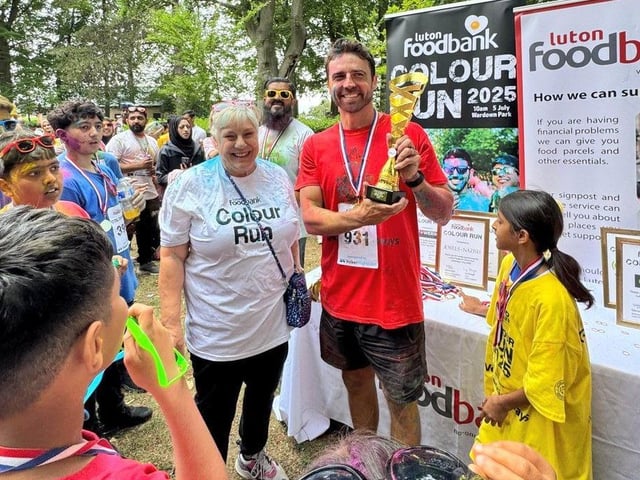 Winner of Luton Foodbank Colour Run 2025. Ed Skinner from The Chalk Hill Academy.