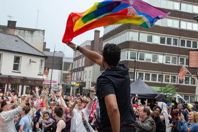 The colourful Pride flag us waved in Luton town centre