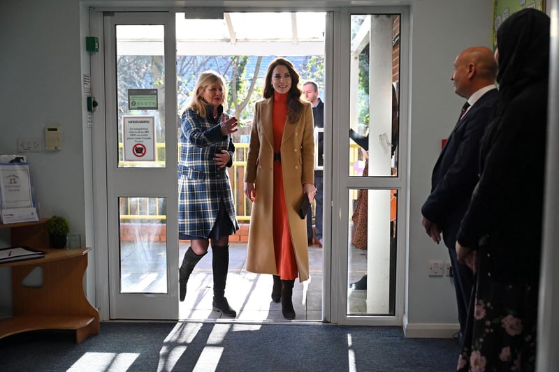 Britain's Catherine, Princess of Wales (C) arrives to visit Foxcubs Nursery in Luton (Photo by JUSTIN TALLIS/POOL/AFP via Getty Images)