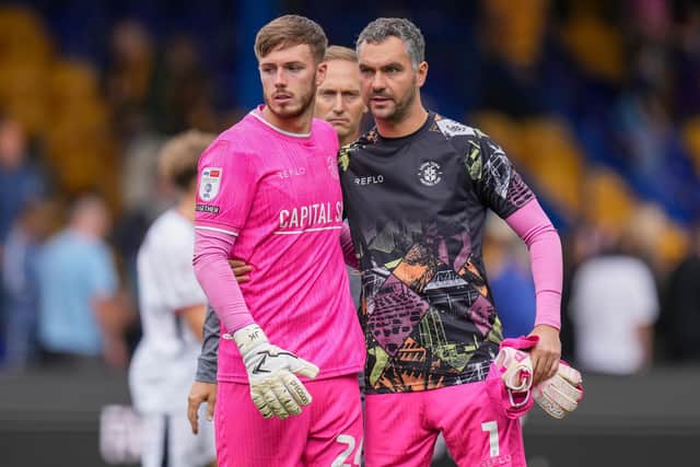 Josh Keeley with James Shea following Luton's 5-2 defeat at Mansfield on Sunday - pic: David Horn / PRiME Media Images