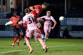 Carlton Morris goes close to a winner for Luton against Grimsby on Saturday