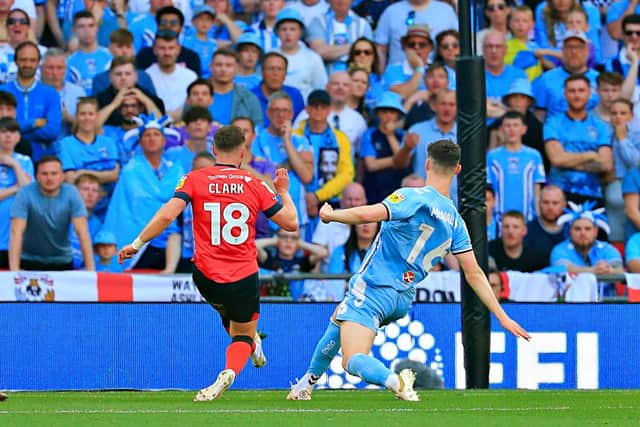 Jordan Clark scores Luton's goal at Wembley in the play-off final against Coventry City - pic: Liam Smith