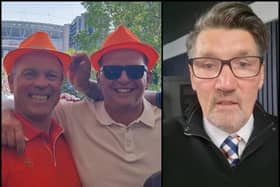 John, left, with his friend Gary, at Luton Town's match at Wembley last year. Mick Harford sending a message to John (right). Picture: Gary Weir
