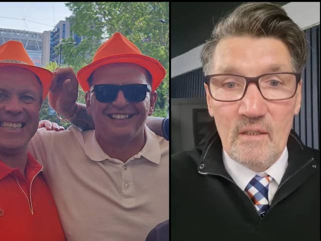 John, left, with his friend Gary, at Luton Town's match at Wembley last year. Mick Harford sending a message to John (right). Picture: Gary Weir