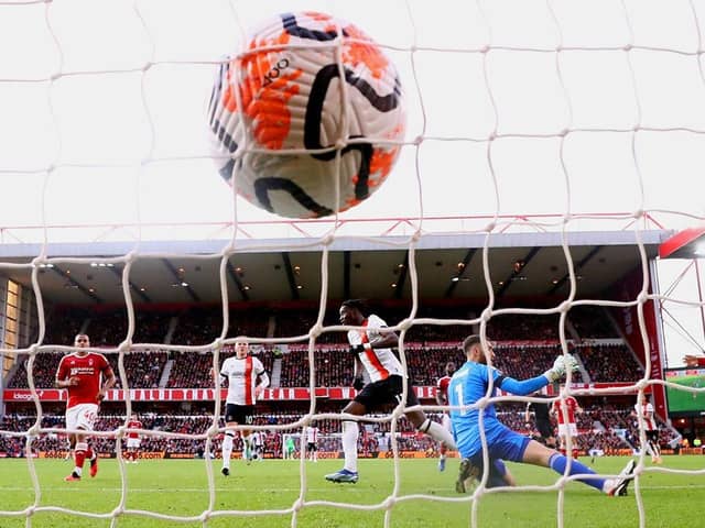 Elijah Adebayo finds the net in stoppage time to make it 2-2 at the City Ground - pic: Alex Pantling/Getty Images