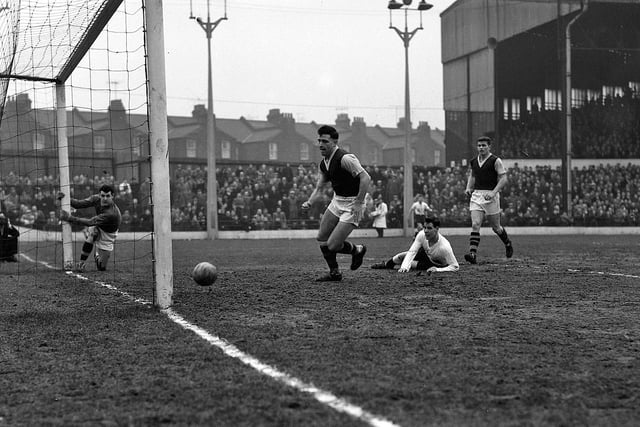 Allan Brown (pictured scoring) bagged a hat-trick as Luton hammered Burnley to pick up a first win of 1959. Bob Morton also netted twice, with Dave Pacey on target too.