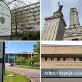 Clockwise from top left: Bedford Borough Council, Luton Town Hall, Milton Keynes Council and Central Bedfordshire Council