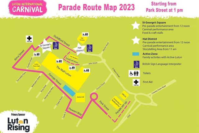The map for the upcoming Luton International Carnival starts at 1pm on Park Street