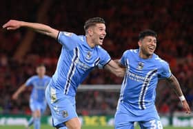 Coventry's Gustavo Hamer celebrates with Viktor Gyokeres after scoring the winner for Coventry against Middlesbrough