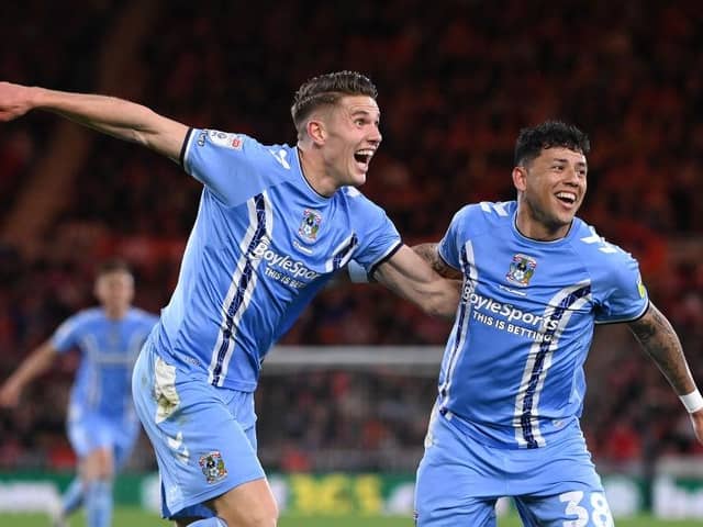 Coventry's Gustavo Hamer celebrates with Viktor Gyokeres after scoring the winner for Coventry against Middlesbrough