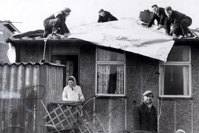 Residents of Skye Edge Avenue get a roof over their heads as workmen lay tarpaulin to protect their hurrican ravaged homes on February 17 1962