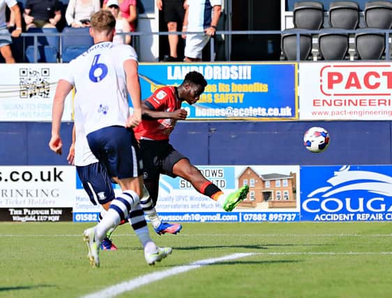 Elijah Adebayo fired this chance over the bar against Preston on Saturday