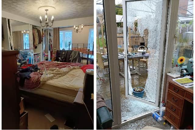 Tne ransacked bedroom and the broken french door. Image: The Spurr family.