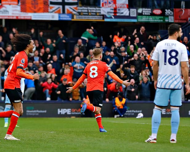 Midfielder Luke Berry wheels away after scoring Luton's late equaliser against Nottingham Forest - pic: Liam Smith