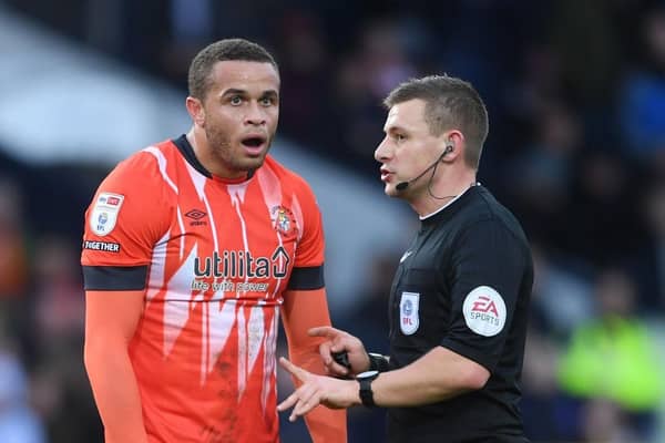Carlton Morris speaks to the referee during Saturday's 3-2 defeat to WBA