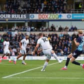 Jamie Donley curls home superbly for Luton's second goal at Wycombe - pic: Andy Rowland / PRiME Media Images