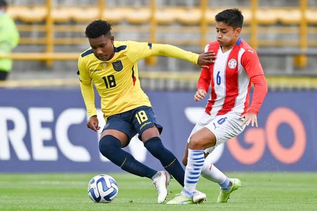 Oscar Zambrano gets on the ball for Ecuador U20s in their South American U20 Championship match with Paraguay - pic: JUAN BARRETO/AFP via Getty Images