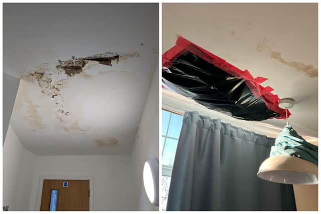 L: Damage in the building's common area corridor and R: The couple has been forced to tape a binbag to the ceiling to cover the cracks, while a towel is placed on the light-fitting to soak up water dripping down it
