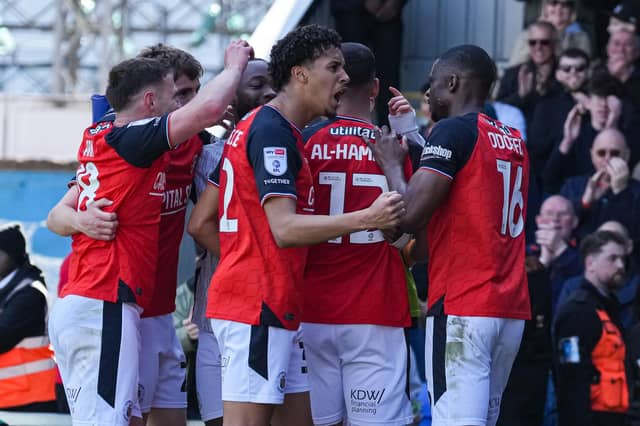 Emilio Lawrence celebrates Luton's second goal against AFC Wimbledon - pic: David Horn