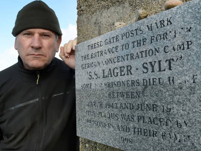 Colonel Richard Kemp, at the gates to SS Lager Sylt. Pic: Tony Margiocchi