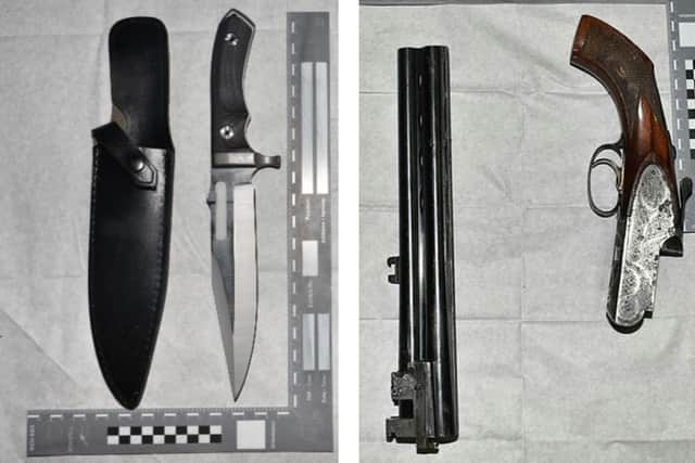 From left, the black knife and sheath, and the shotgun in pieces