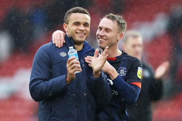 Carlton Morris celebrates beating Sheffield United on Saturday