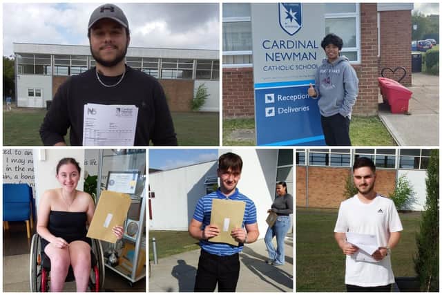 Olaf Mlonek, Nick Bale, Katie Connolly, Mateusz Poplawski, and Patrick Roots were among the many who received their A-Level results from Cardinal Newman today