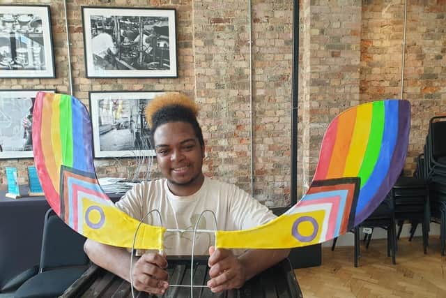 Artist Chauntier Irish-Downes, pictured with one of the outfit props to be worn by TOKKO Youth Space’s OK2B group in this year's Luton International Carnival.