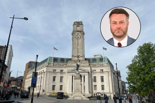 Luton Town Hall and inset, cllr James Taylor