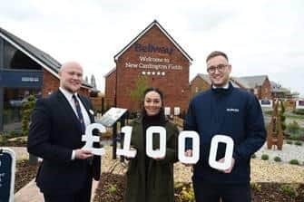 Bellway Sales Advisor, Matthew Quinney with Keech Hospice Care Fundraising Manager, Bianca-Lee John and Bellway Sales Manager Aly Morehen